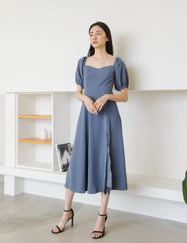 Camille Midi Dress in Steel Blue