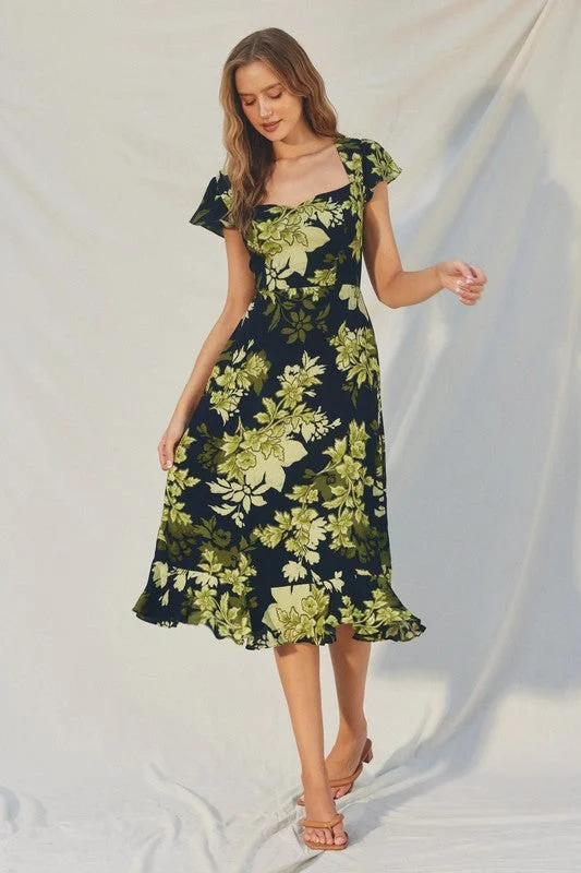 Carmen Short Cap Sleeve Floral Print Midi Dress Black