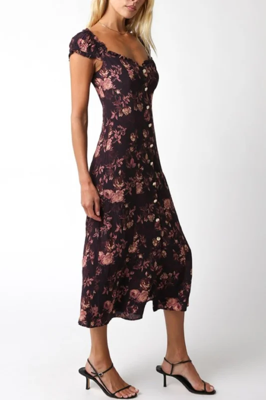 Waitlist 9/4 ♥ Claire Short Cap Sleeve Floral Print Midi Dress Brown