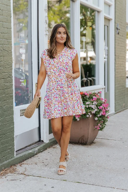 Cream Floral Surplice Tiered Mini Dress - FINAL SALE