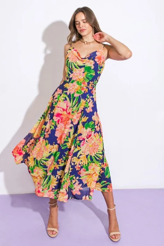 Erika Sleeveless Cowl Neck Floral Print Midi Dress Navy