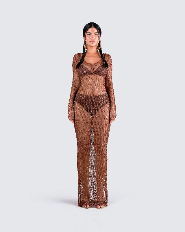 Ewa Brown Rhinestone Maxi Dress