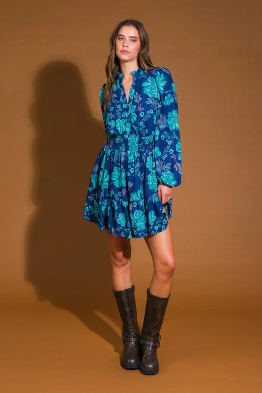 Gianna Long Sleeve Floral Print Mini Dress Navy