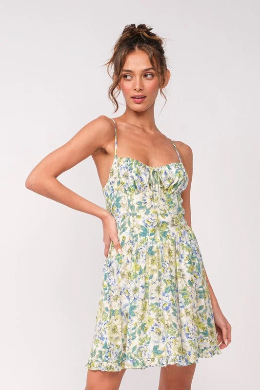 Gloria Sleeveless Corset Floral Print Mini Dress Green