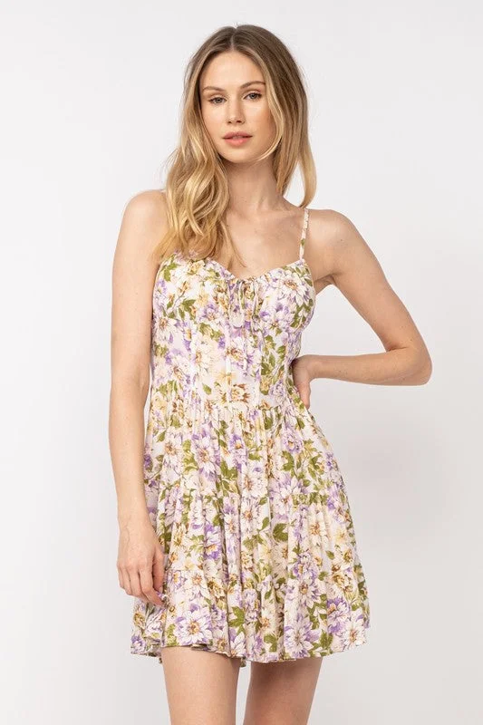 Gloria Sleeveless Corset Floral Print Mini Dress Lilac