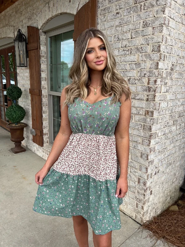 Green Print Color Block Tiered Mini Dress - FINAL SALE