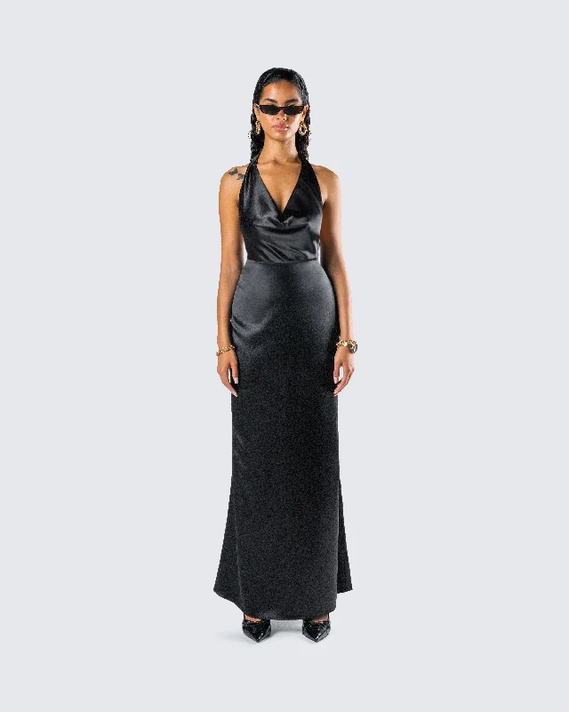 Holly Black Satin Cowl Maxi Dress