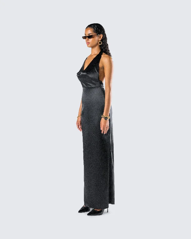 Holly Black Satin Cowl Maxi Dress