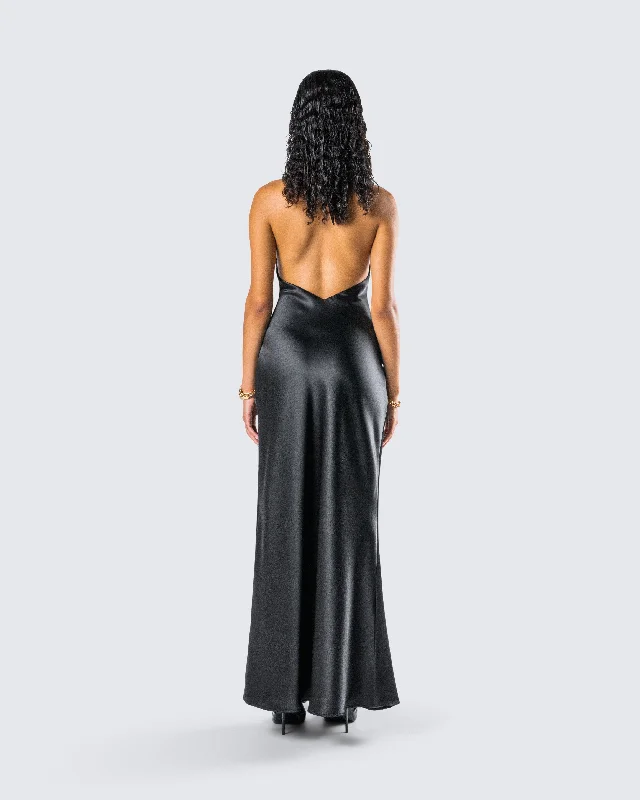 Holly Black Satin Cowl Maxi Dress