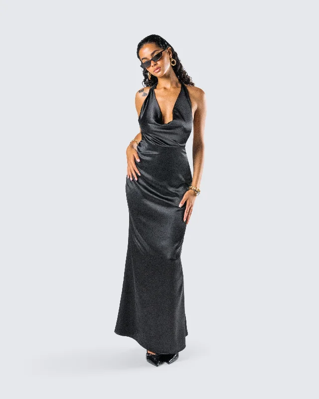 Holly Black Satin Cowl Maxi Dress