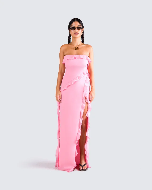 Ina Pink Chiffon Ruffle Maxi Dress