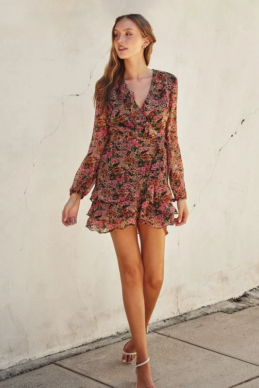 Waitlist 9/18 ♥ Jamie Long Sleeve Floral Print Wrap Mini Dress Rose