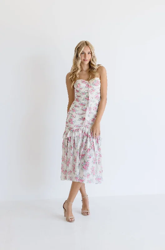 Kara Sleeveless Ruched Mesh Floral Print Midi Dress Pink