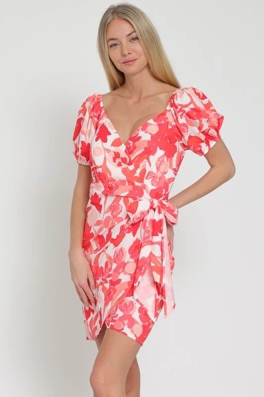 Kenzie Short Puff Sleeve Floral Print Wrap Mini Dress Coral