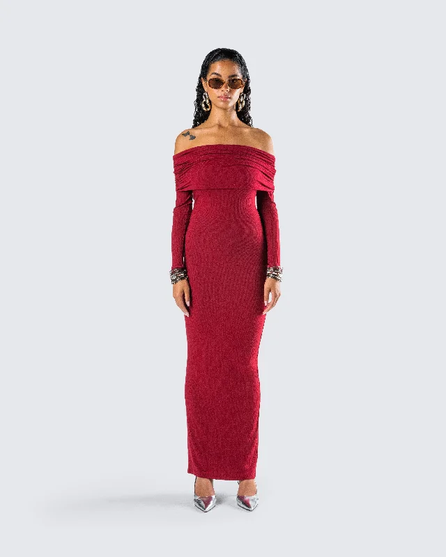 Kyan Burgundy Off Shoulder Maxi Dress