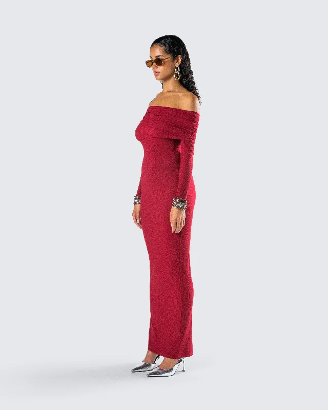 Kyan Burgundy Off Shoulder Maxi Dress