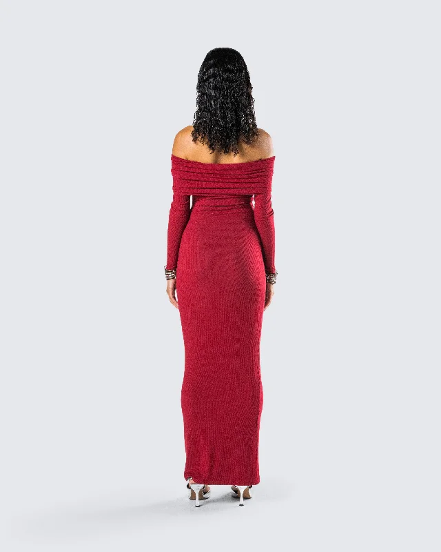 Kyan Burgundy Off Shoulder Maxi Dress