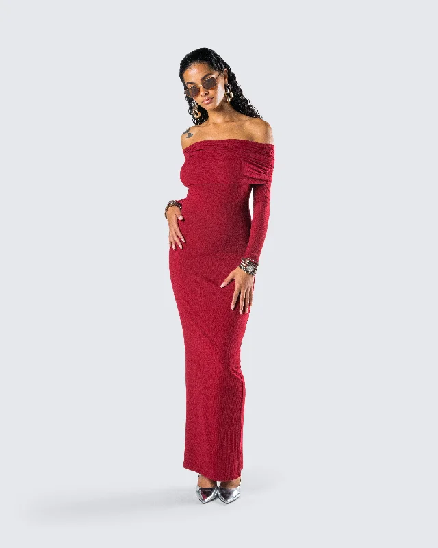 Kyan Burgundy Off Shoulder Maxi Dress