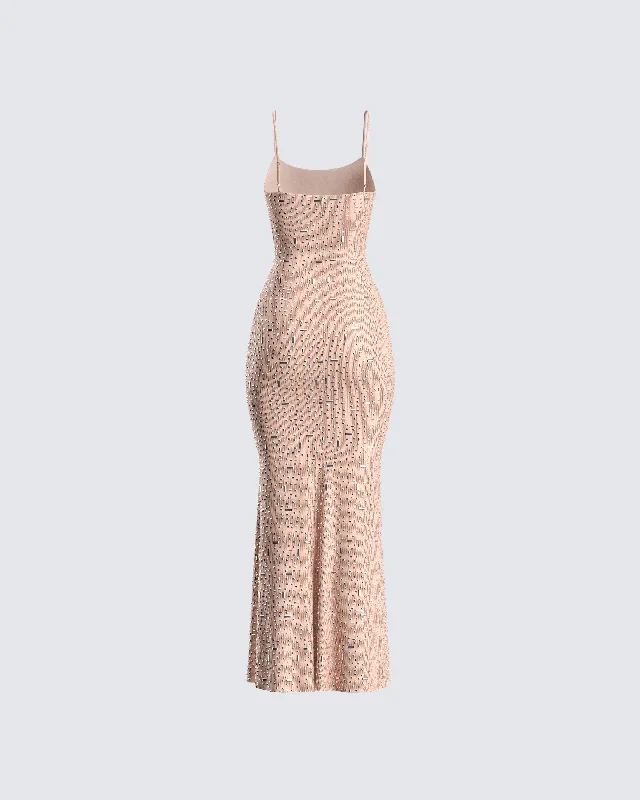 Lan Nude Rhinestone Maxi Dress