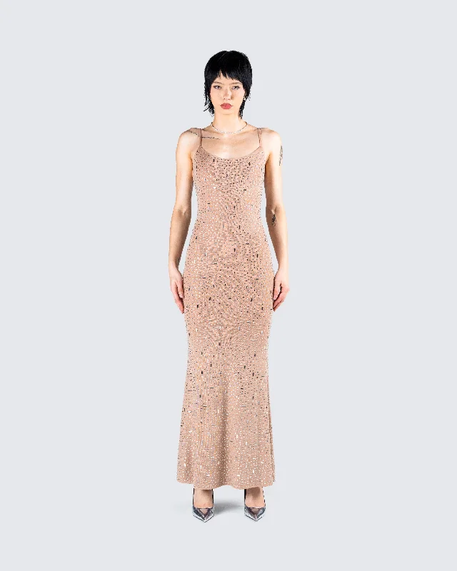 Lan Nude Rhinestone Maxi Dress