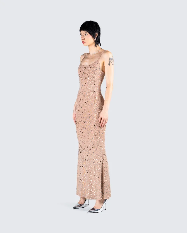 Lan Nude Rhinestone Maxi Dress