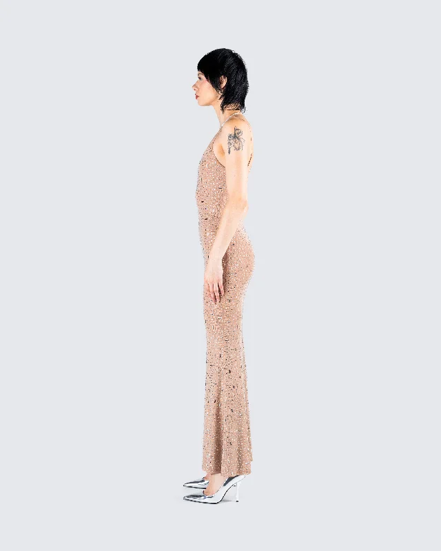 Lan Nude Rhinestone Maxi Dress