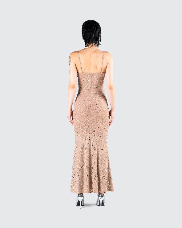 Lan Nude Rhinestone Maxi Dress