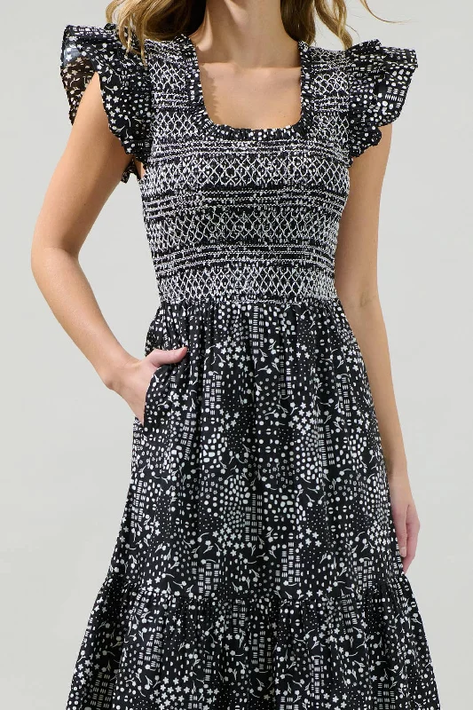 Larsa Onyx Geometric Wendy Smocked Midi Dress