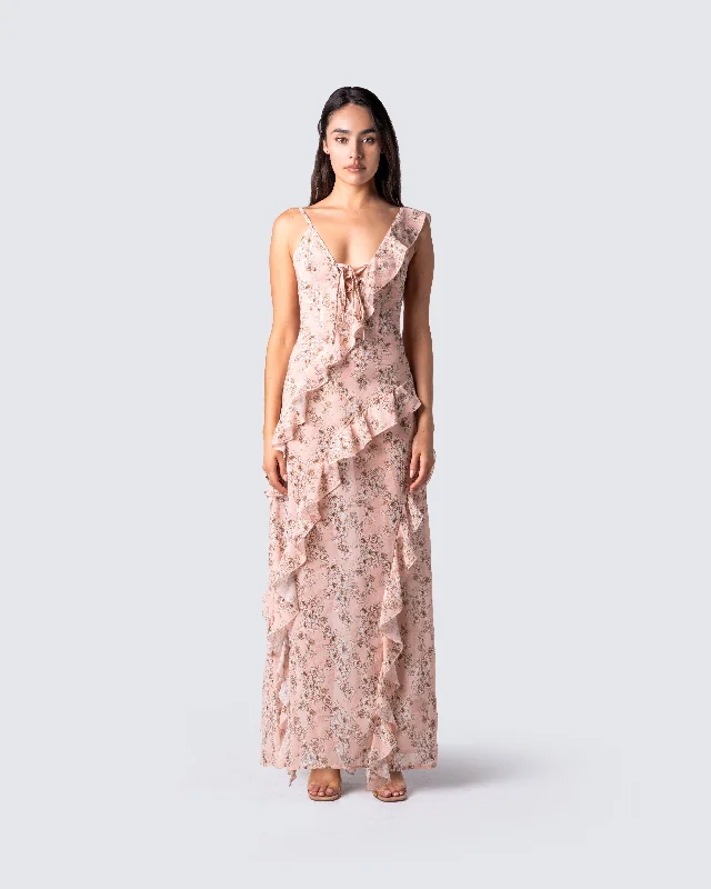 Leonie Peach Floral Maxi Dress