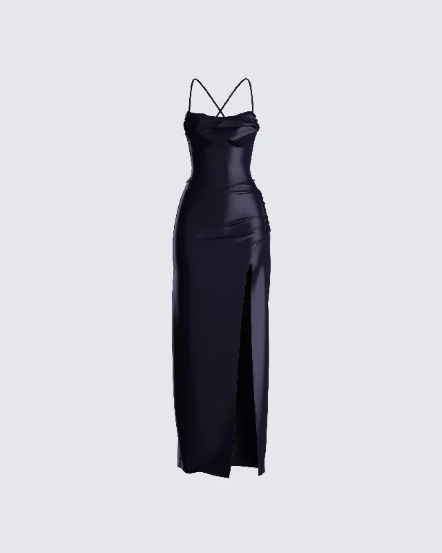 Lerata Black Satin Maxi Dress