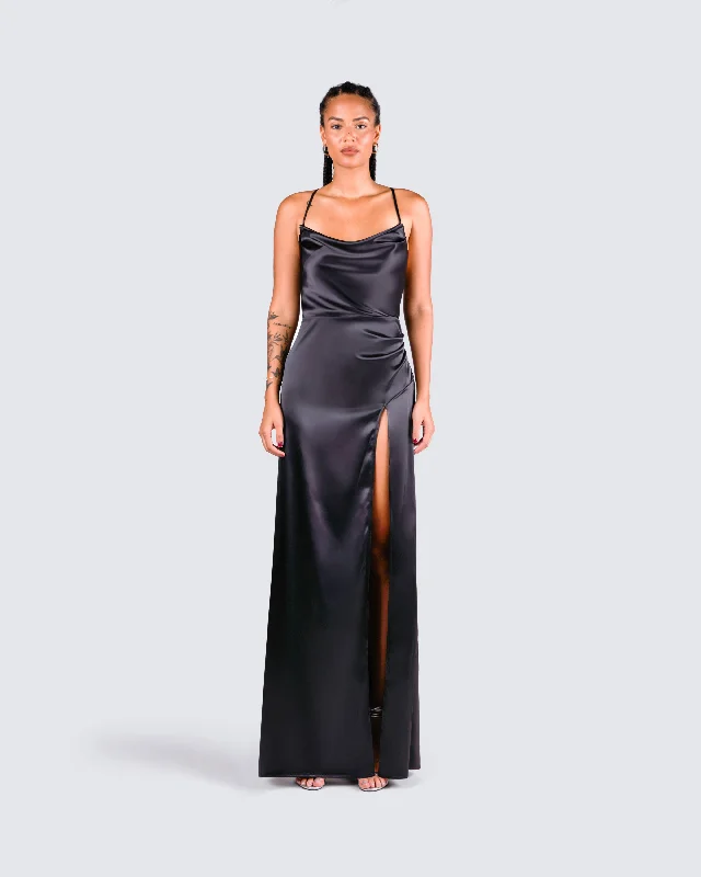 Lerata Black Satin Maxi Dress