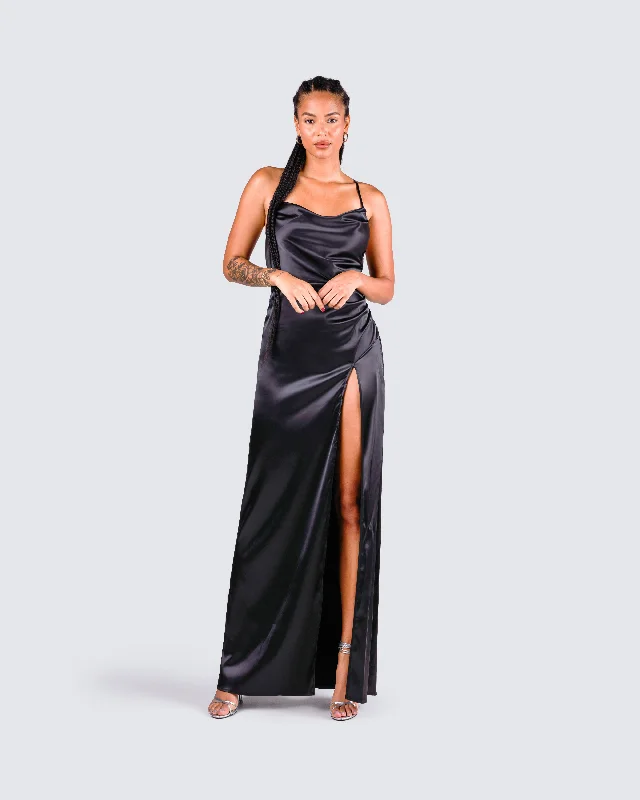 Lerata Black Satin Maxi Dress