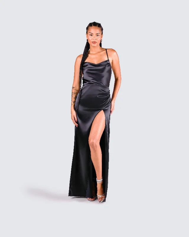 Lerata Black Satin Maxi Dress