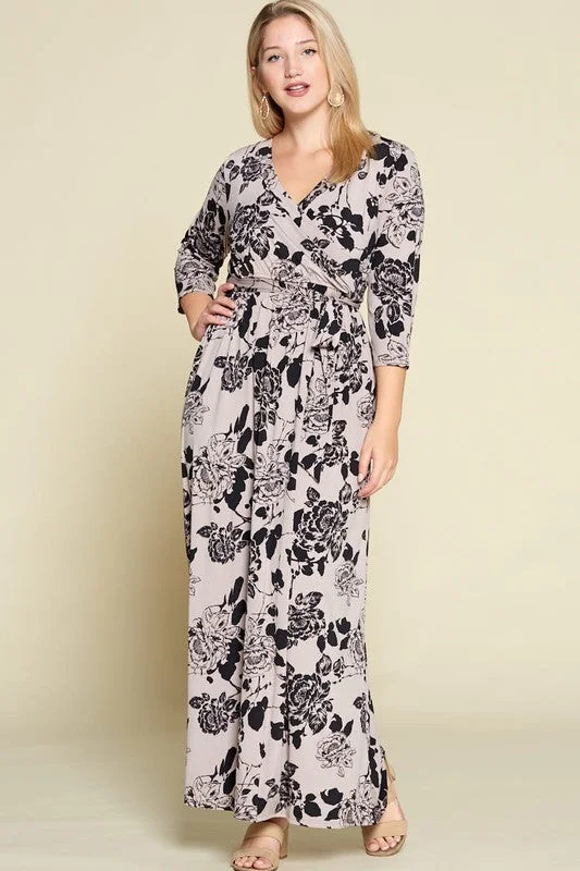 Long Maxi Black Taupe wrap look dress