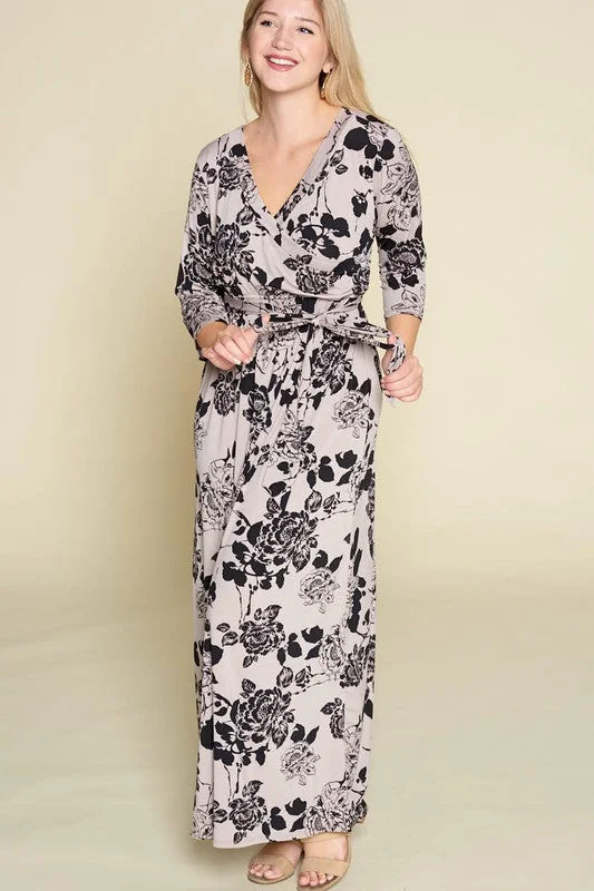 Long Maxi Black Taupe wrap look dress