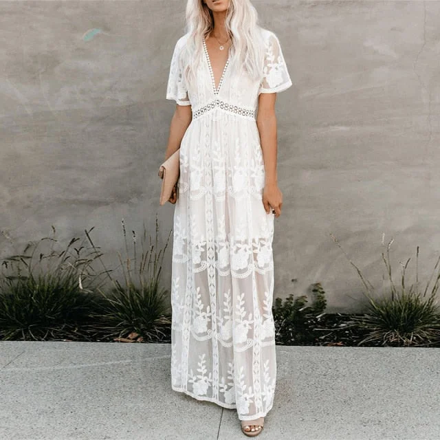 Amy Fashion - Loose Embroidery White Lace long Tunic Beach Dress