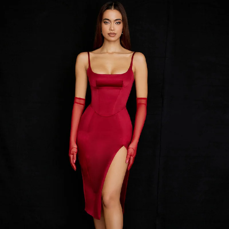 High Slit Slip Cocktail Midi Dress - Red