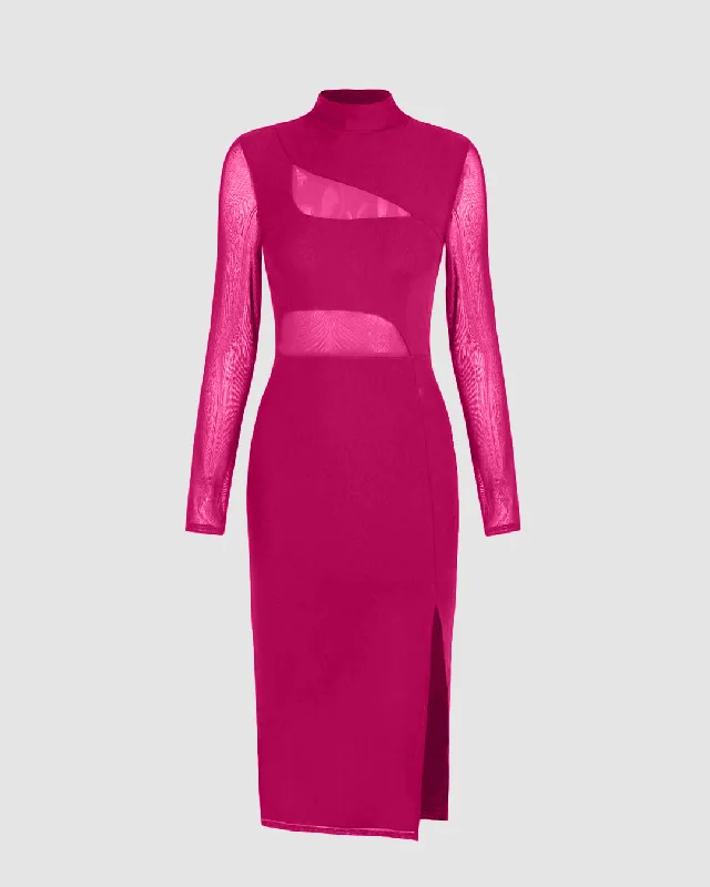 Mock Neck Sheer Slit Hot Pink Midi Dress