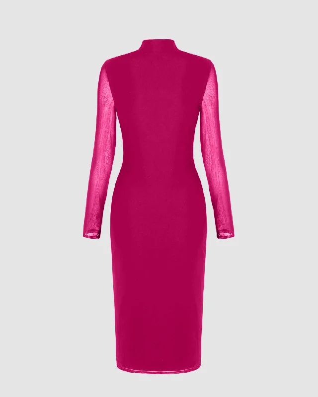 Mock Neck Sheer Slit Hot Pink Midi Dress