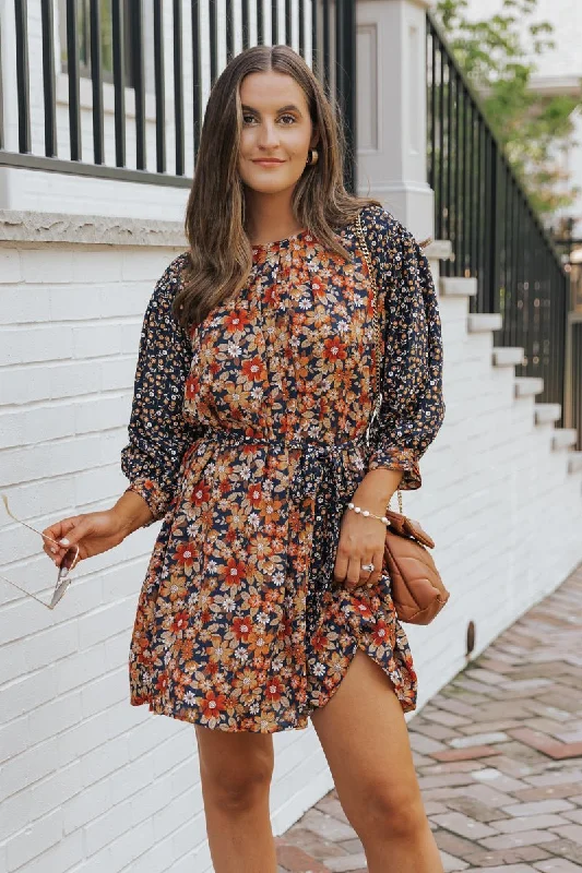 Multi Floral Print Waist Tie Mini Dress