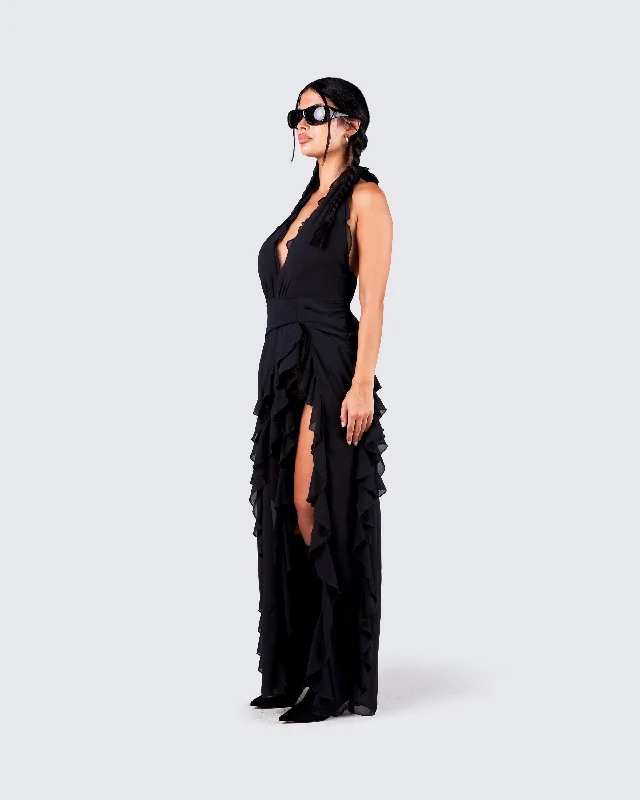 Nandi Black Ruffle Maxi Dress