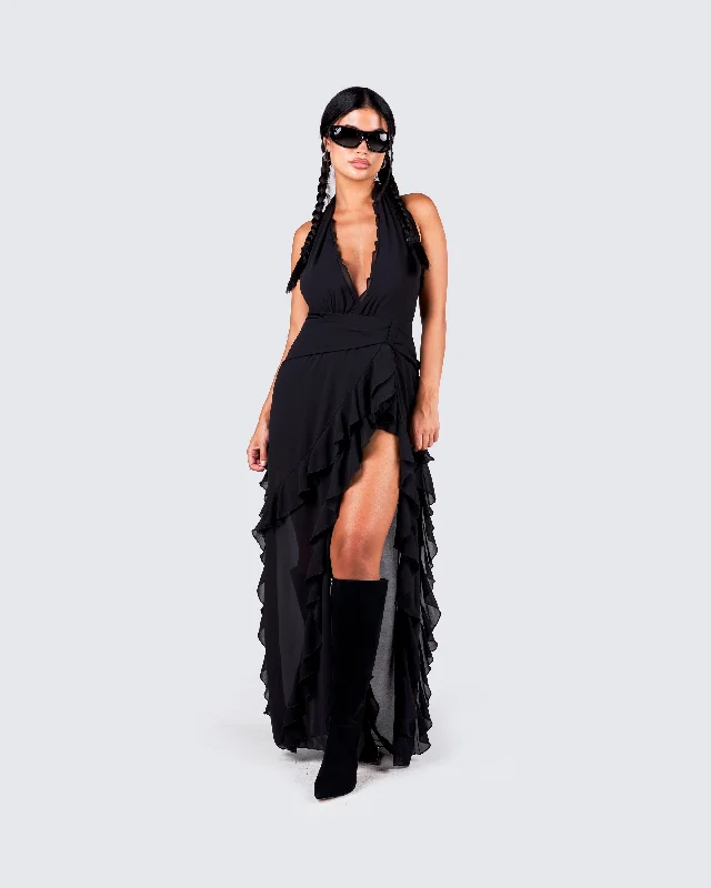 Nandi Black Ruffle Maxi Dress