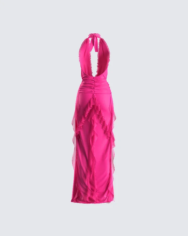 Nandi Hot Pink Ruffle Maxi Dress