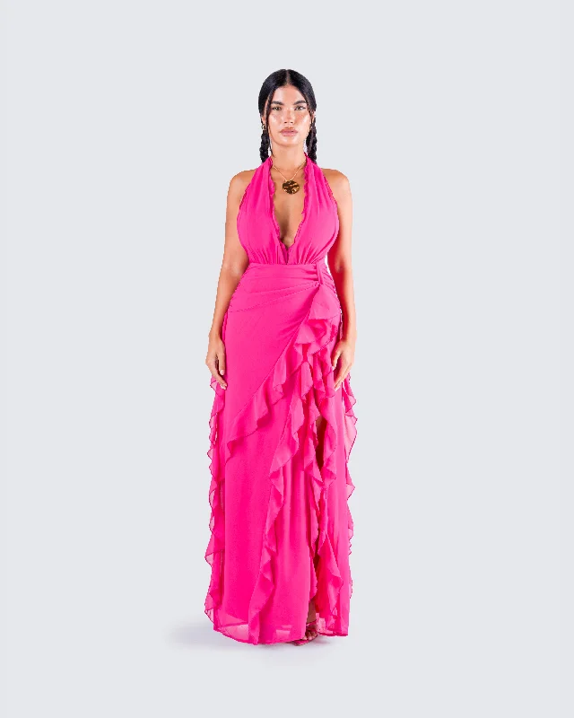 Nandi Hot Pink Ruffle Maxi Dress