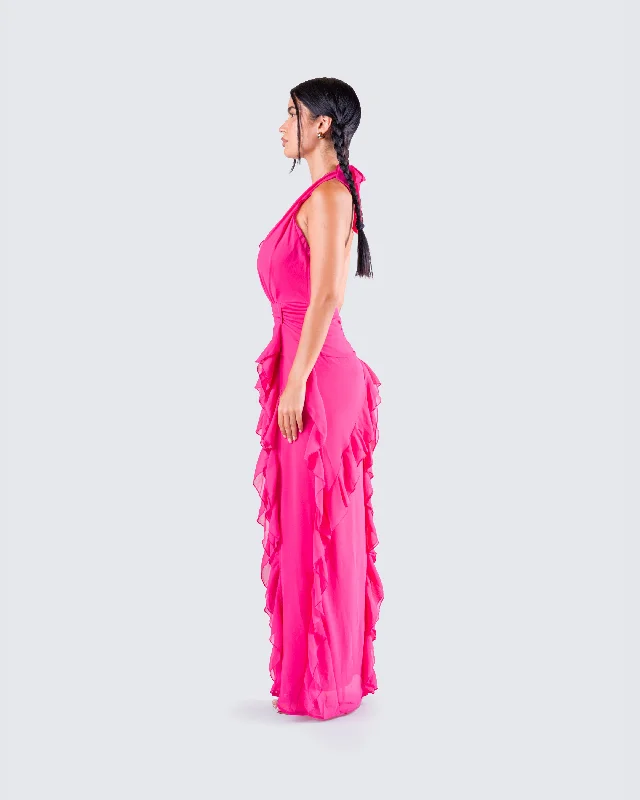 Nandi Hot Pink Ruffle Maxi Dress