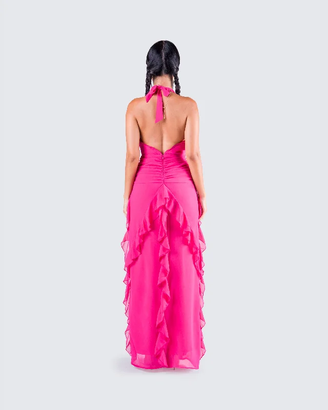 Nandi Hot Pink Ruffle Maxi Dress