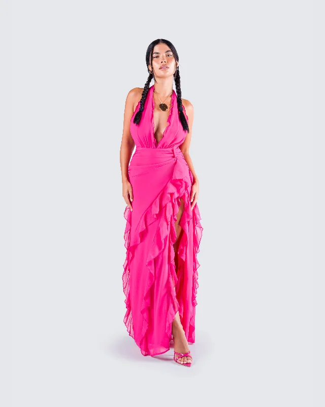 Nandi Hot Pink Ruffle Maxi Dress