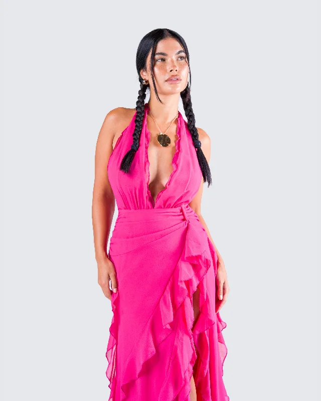 Nandi Hot Pink Ruffle Maxi Dress