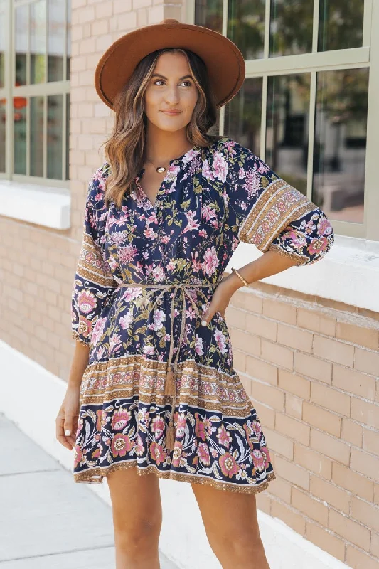 Navy Border Print Belted Mini Dress