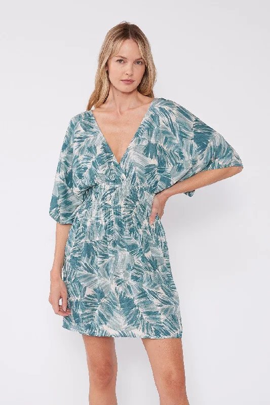 Ophelia Kimono Sleeve Tropical Print Mini Dress Teal